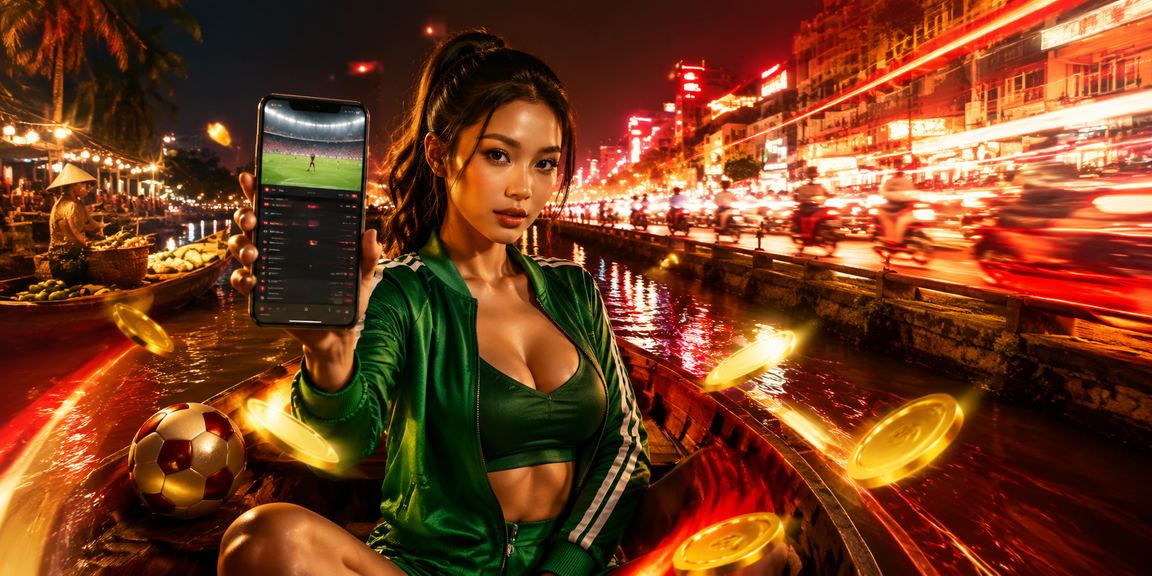 Nền tảng cá cược thể thao với ánh đèn neon phản chiếu trên sông Mekong